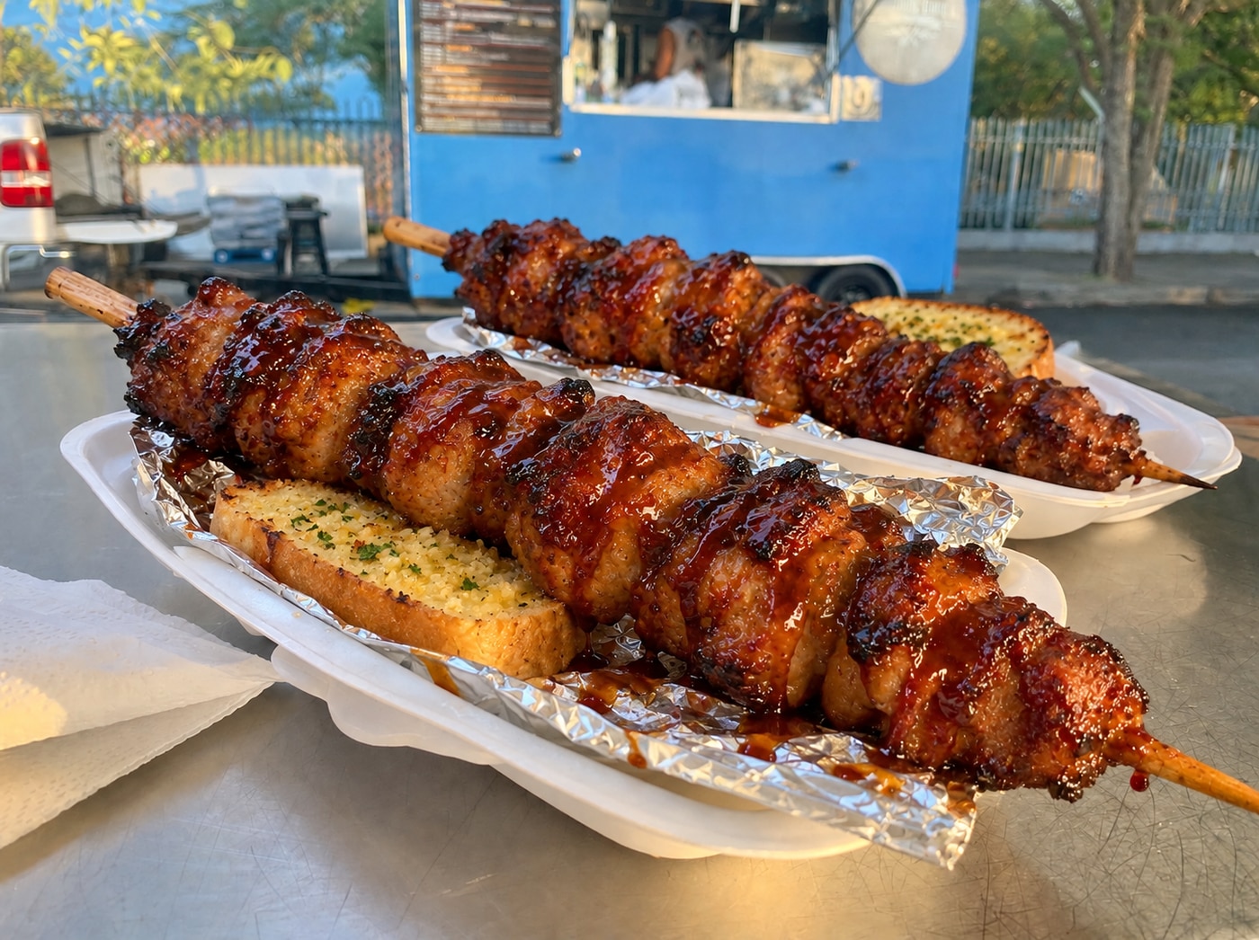 Pinchos grandes y gorditos bañados en BBQ con pan de ajo